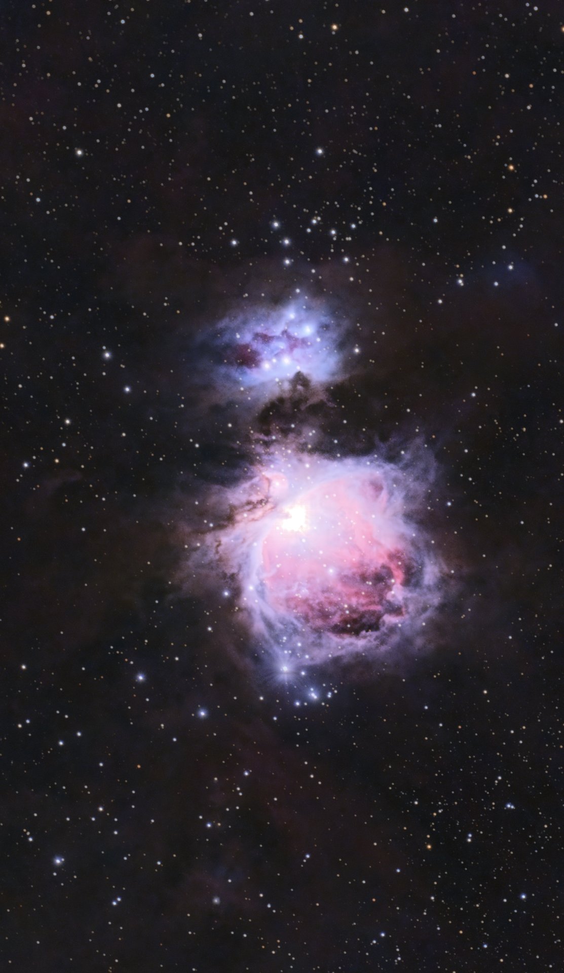 Astrophotography image of the Orion Nebula with bright magenta and blue tones.